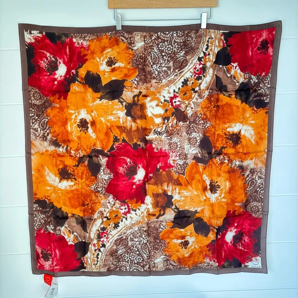 Floral Print Silk Scarf in Orange & Red